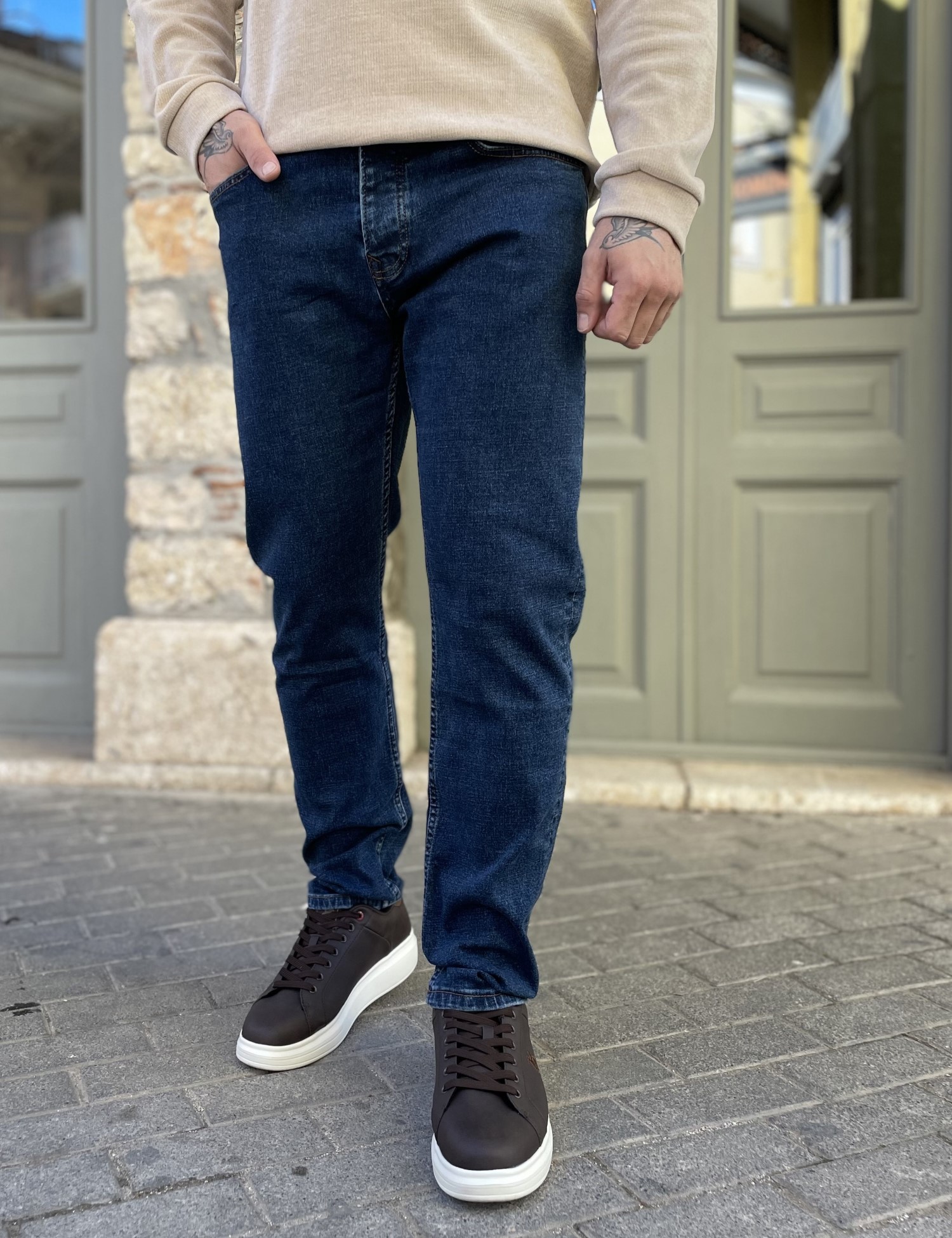 Ανδρικό μπλε πεντάτσεπο τζιν παντελόνι ίσιο με κουμπιά 3LN2016 φωτογραφία